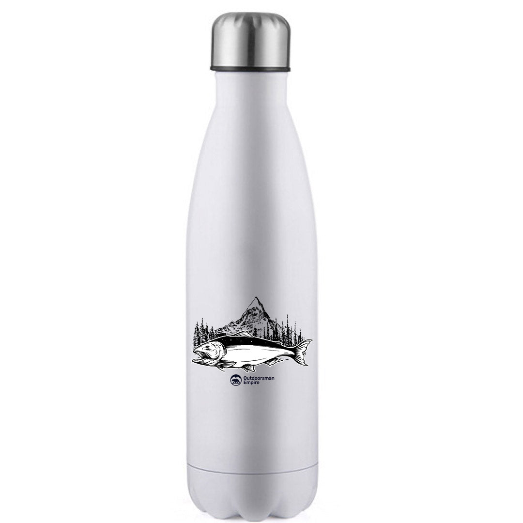 Fishing Mountain Stainless Steel Water Bottle in vibrant colors, showcasing its unique bowling pin shape and leak-proof cap.